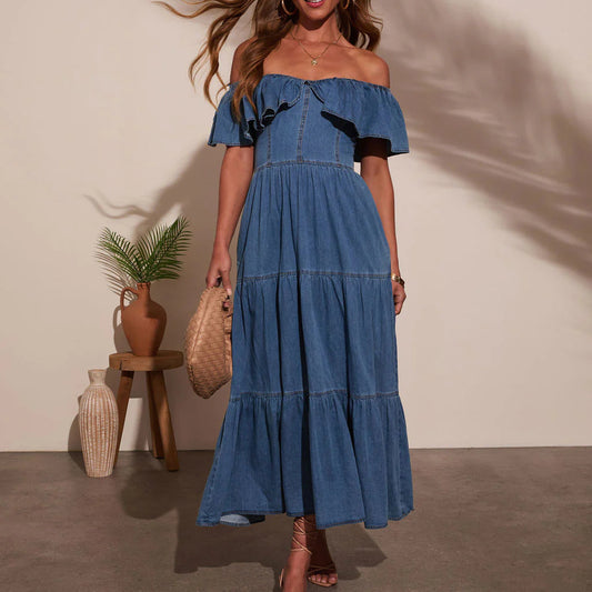 Womens Fashionable Loose Denim Dress With Round Neck Ruffled Hem, And Flared Skirt
