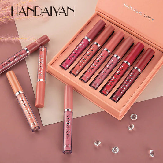 HANDAIYAN 6Pcs Liquid Velvet Matte Lip Gloss Red Lipstick Nude Makeup Women Long Lasting Waterproof Beauty Cosmetics Veloria