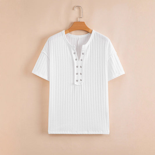 Loose Casual Textured V-neck Short-sleeve Shirt