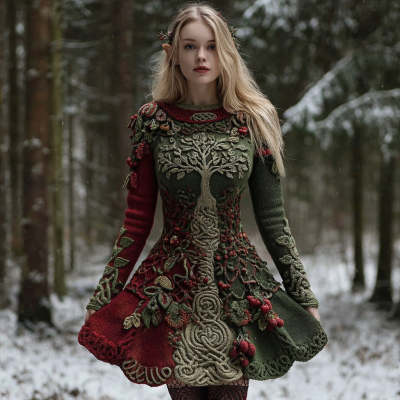 Vintage Cable-Knit Long-Sleeve Sweater Dress