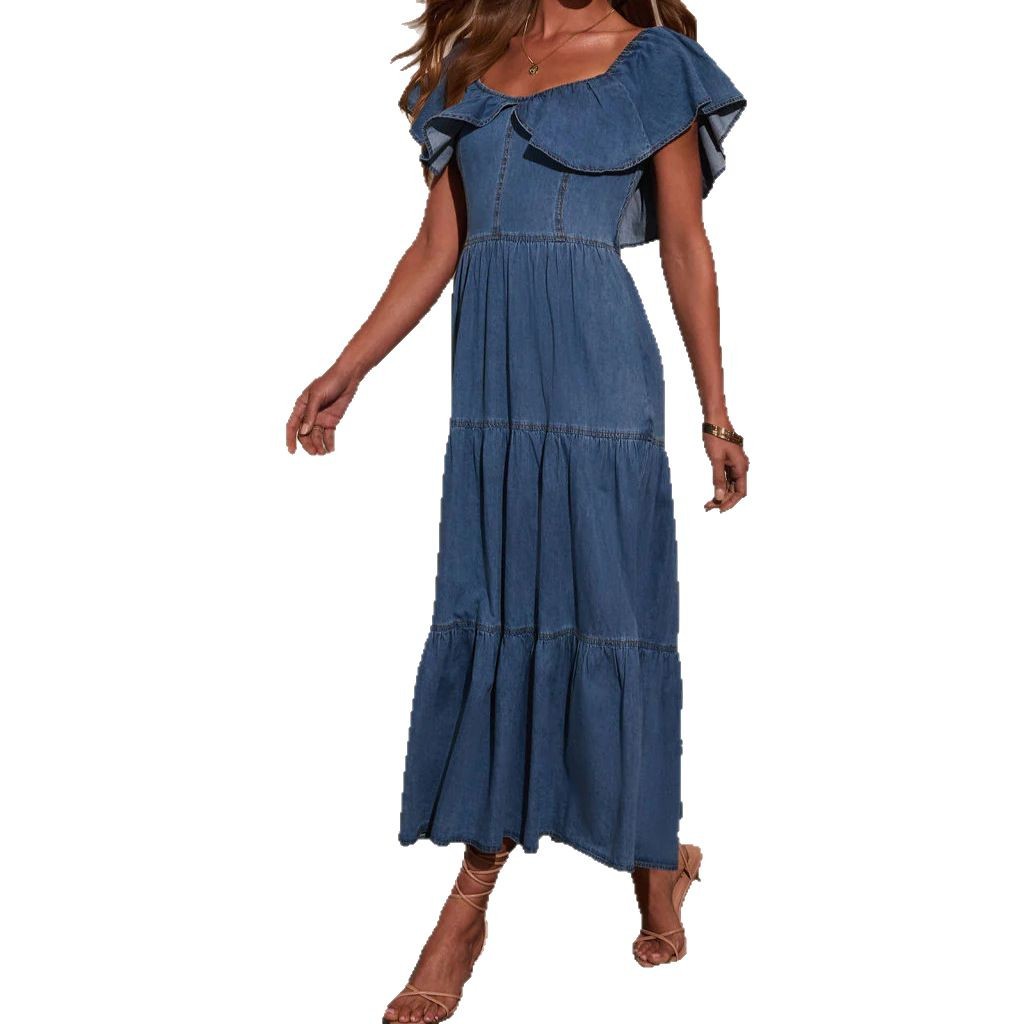 Womens Fashionable Loose Denim Dress With Round Neck Ruffled Hem, And Flared Skirt