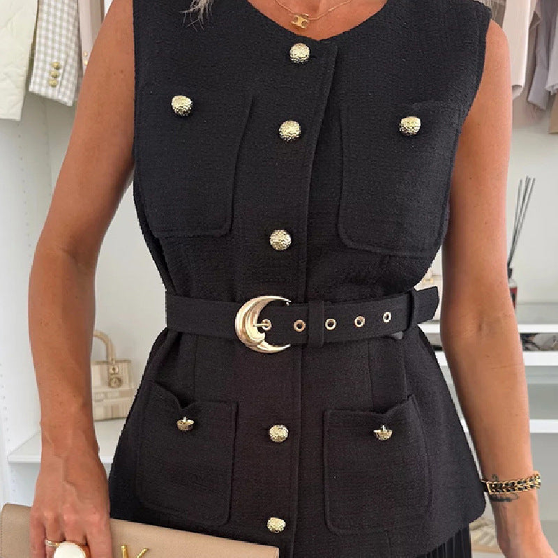 Sleeveless Chanel-style Vest Paired With A Mesh Pleated Skirt Two-piece Set
