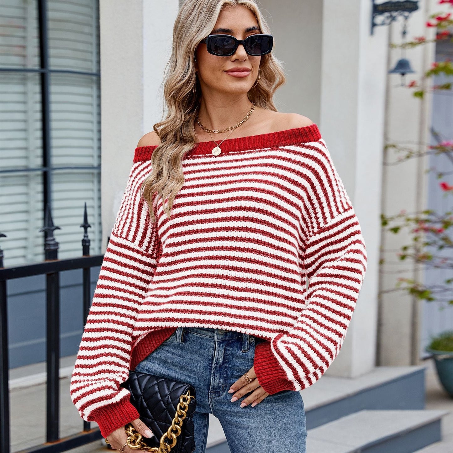 New Stylish Boat-neckline Knit Sweater Striped Contrast-color Sweater Veloria