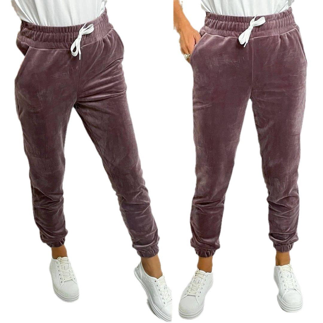 Versatile Women's Jogger Pants With Elastic Waistband And Drawstring, Korean-style Velvet Casual Pants, Sportswear Veloria