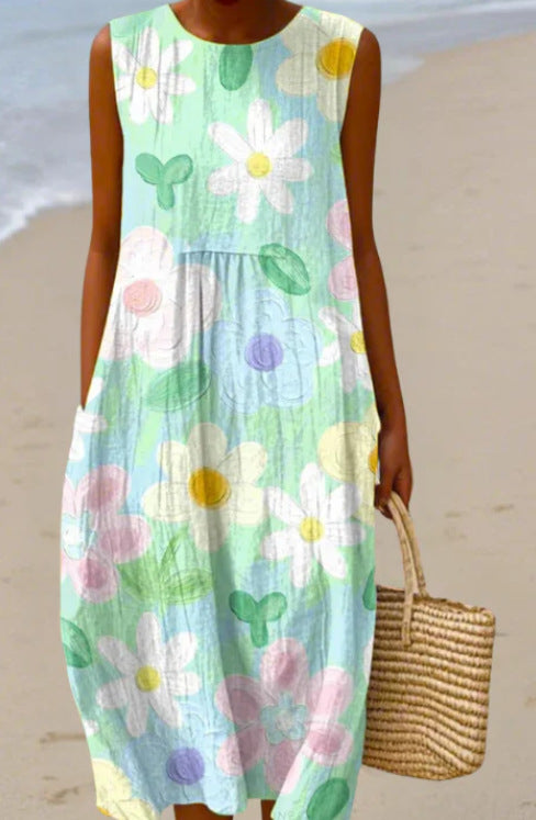 Sleeveless Pocketed Casual Printed Dress With A Sophisticated Vibe