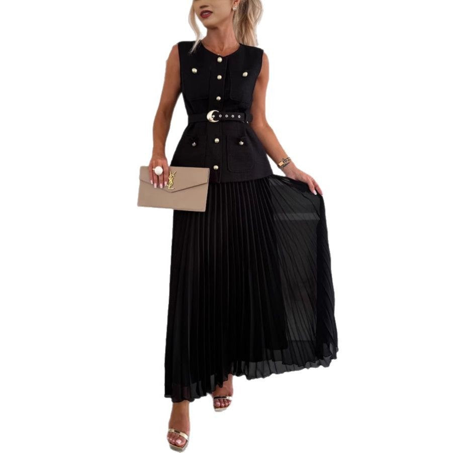 Sleeveless Chanel-style Vest Paired With A Mesh Pleated Skirt Two-piece Set