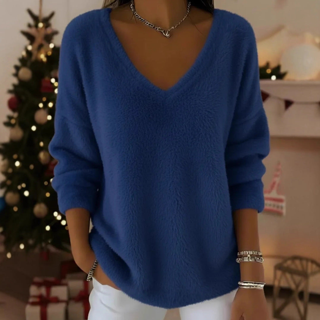 New Womens Plush Pullover With A Drop-shoulder V-neck And Long Sleeves
