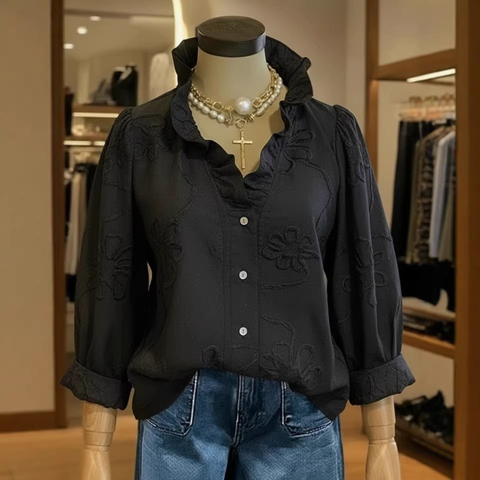 Lace-embroidered Cotton-linen Sweet Blouse