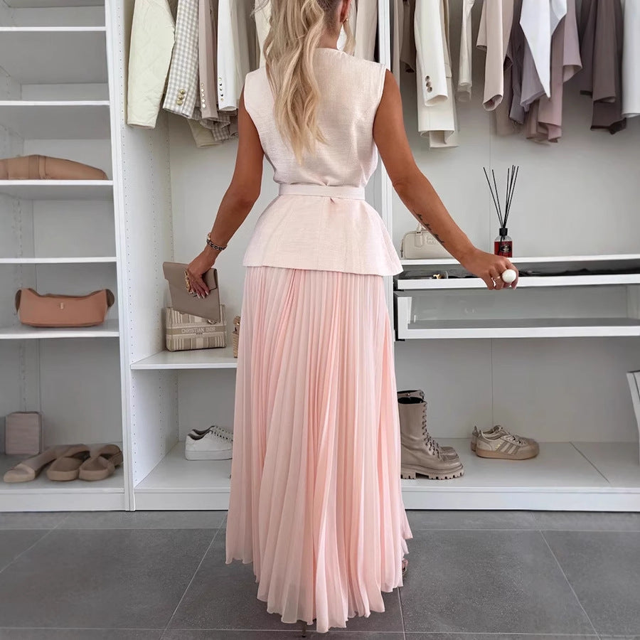 Sleeveless Chanel-style Vest Paired With A Mesh Pleated Skirt Two-piece Set