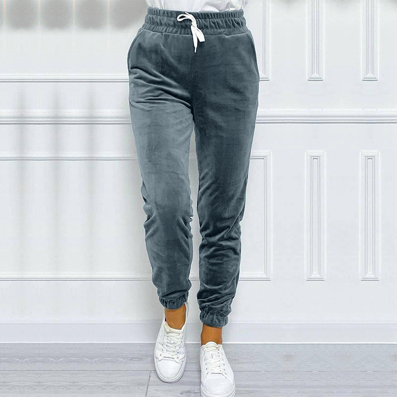 Versatile Women's Jogger Pants With Elastic Waistband And Drawstring, Korean-style Velvet Casual Pants, Sportswear Veloria