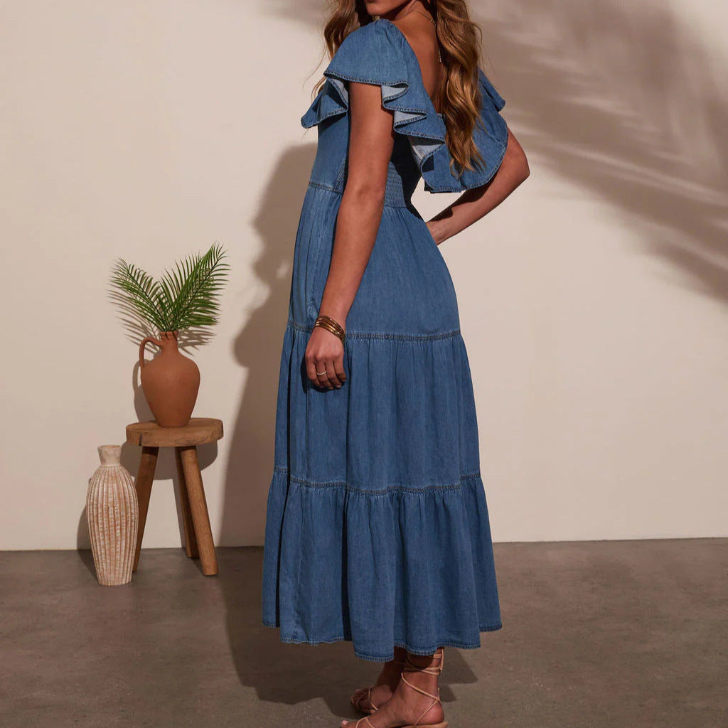 Womens Fashionable Loose Denim Dress With Round Neck Ruffled Hem, And Flared Skirt