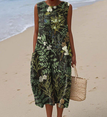 Sleeveless Pocketed Casual Printed Dress With A Sophisticated Vibe