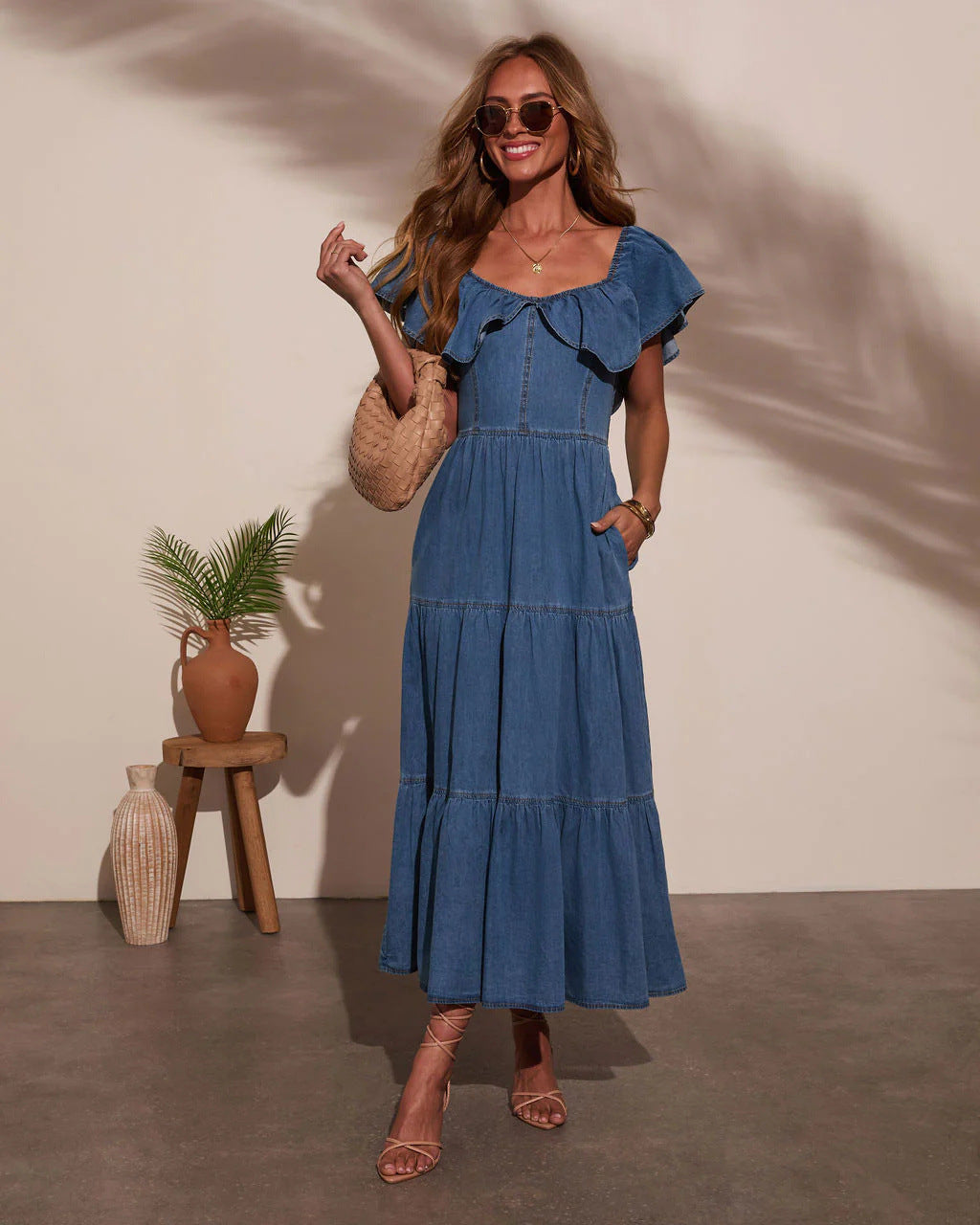 Womens Fashionable Loose Denim Dress With Round Neck Ruffled Hem, And Flared Skirt