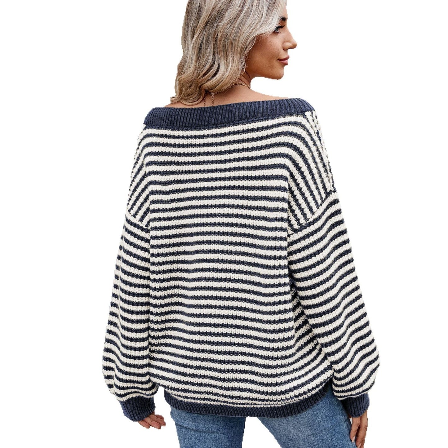 New Stylish Boat-neckline Knit Sweater Striped Contrast-color Sweater Veloria