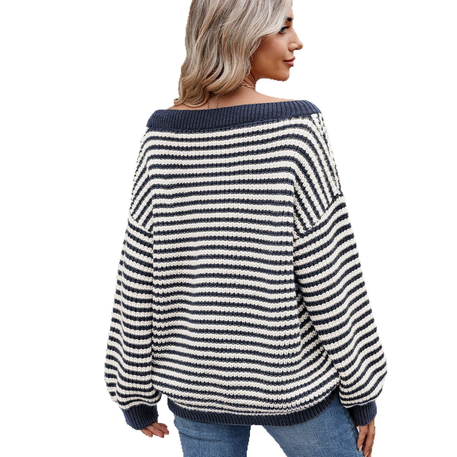 New Stylish Boat-neckline Knit Sweater Striped Contrast-color Sweater Veloria