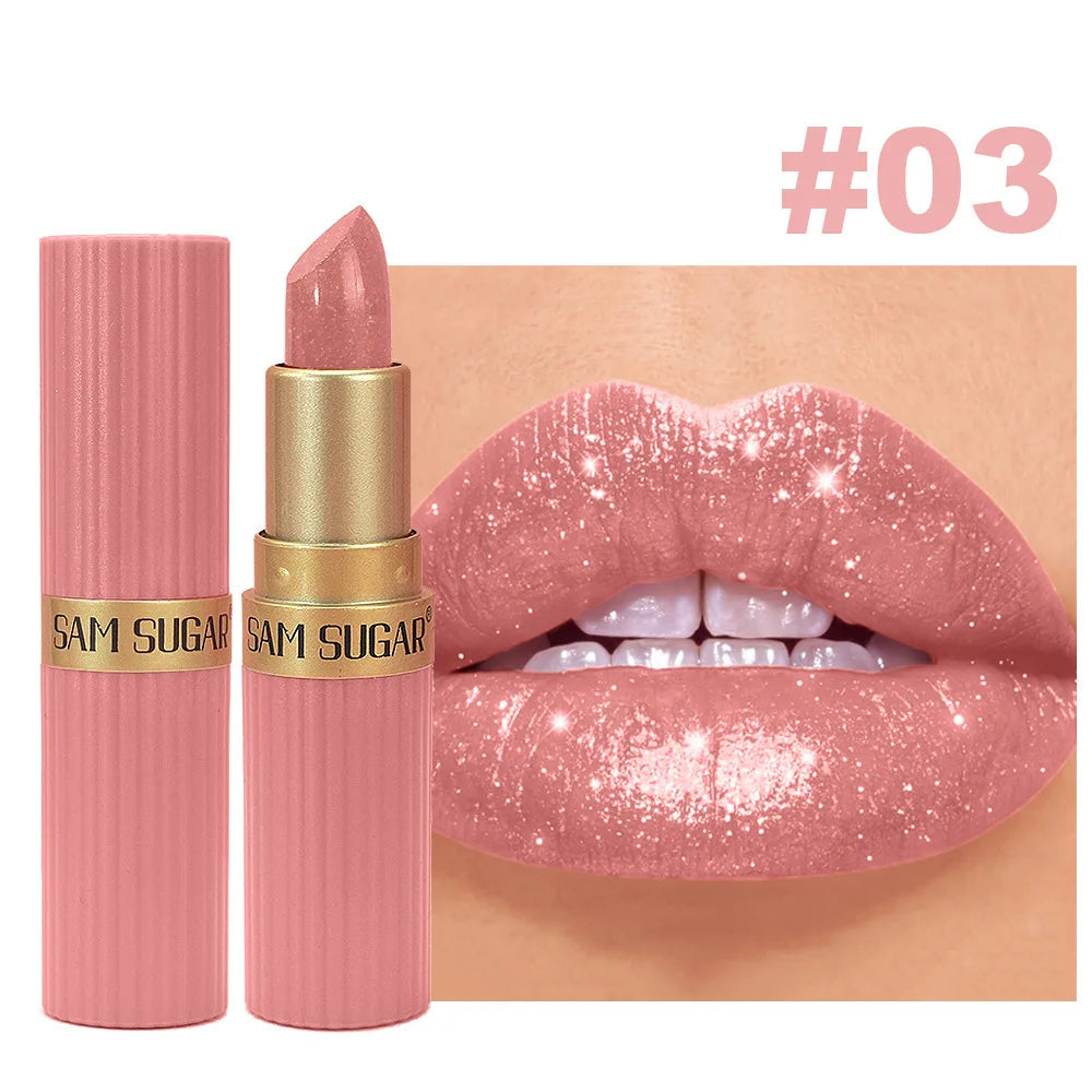 Pearlescent Pink Glitter Velvet Lipstick Metallic Waterproof Long Lasting Matte Shimmer Diamond Lipstick Women Makeup Cosmetic Veloria