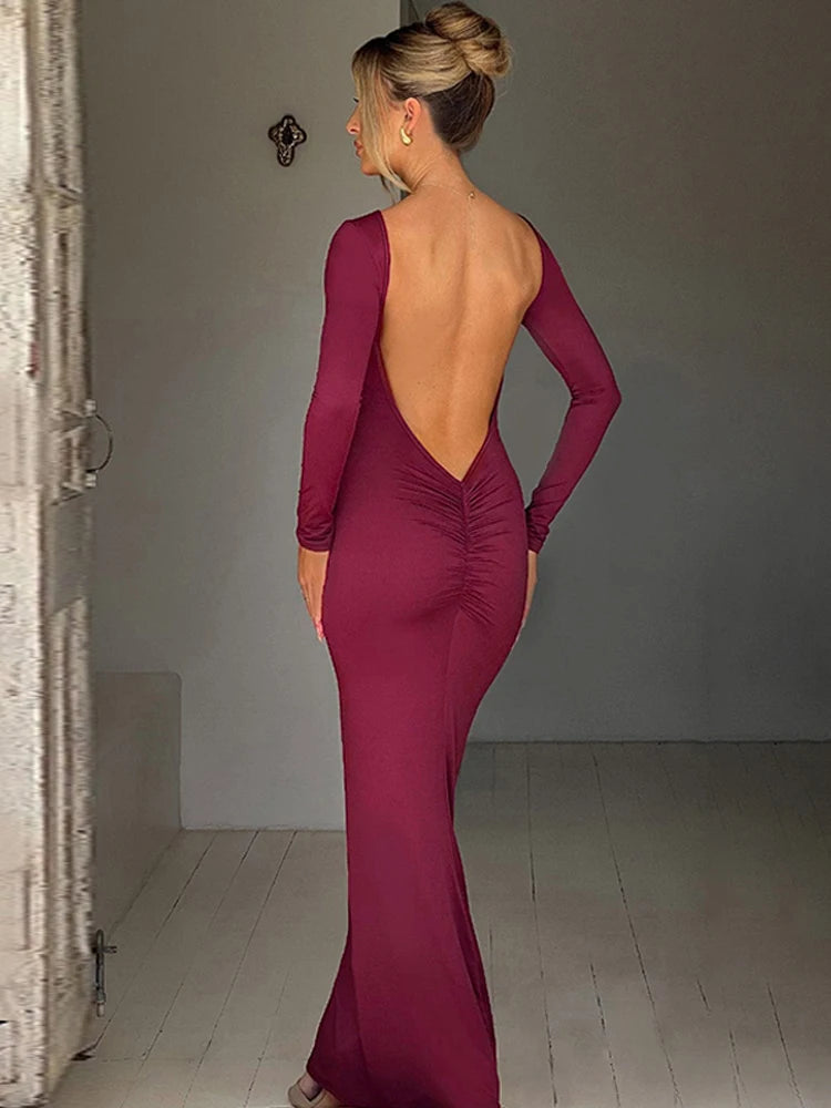 Hugcitar Spring Elegant Long Sleeve Backless Solid Cuched Sexy Bodycon Maxi Prom Dress Women Outfit Evening Party Festival Y2K Veloria