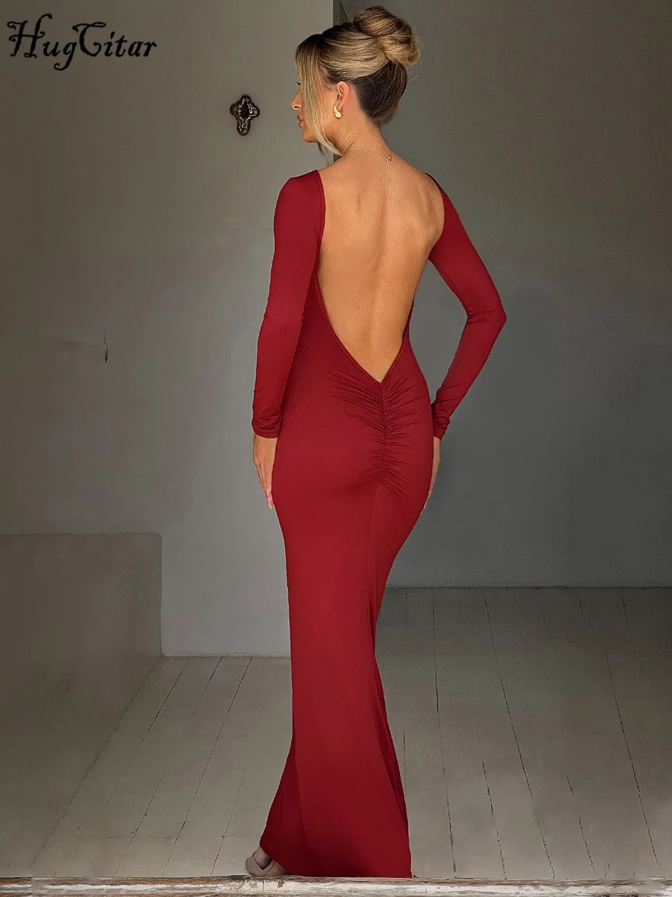 Hugcitar Spring Elegant Long Sleeve Backless Solid Cuched Sexy Bodycon Maxi Prom Dress Women Outfit Evening Party Festival Y2K Veloria