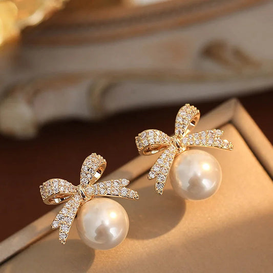 Sparkling Rhinestone Bow Pearl Stud Earrings Light Luxury Fashion Jewelry Women Gifts Wedding Birthday Veloria