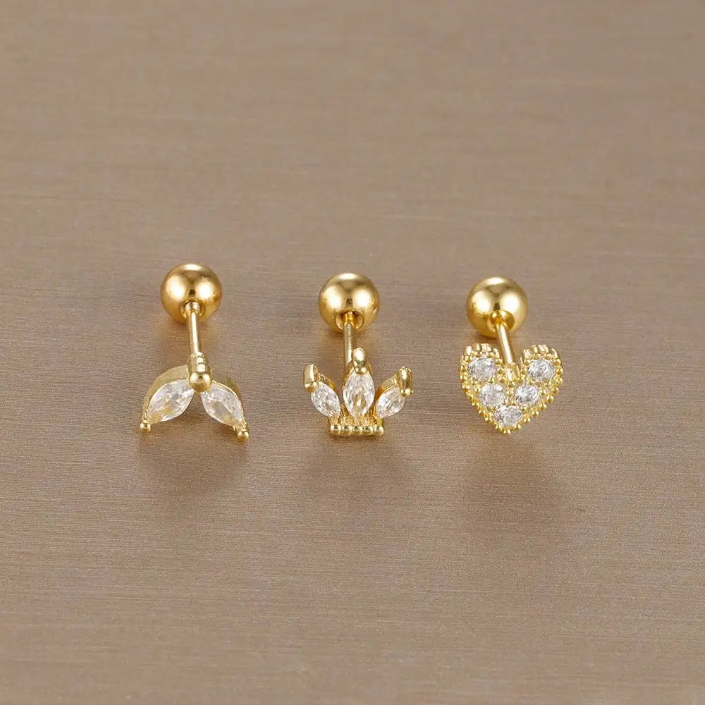 3PCS Stainless Steel Gold Color Crown Stud Earring Set For Women 14K Gold Plated Crystal Zircon Unique Horse Eye Earring Jewelry Veloria
