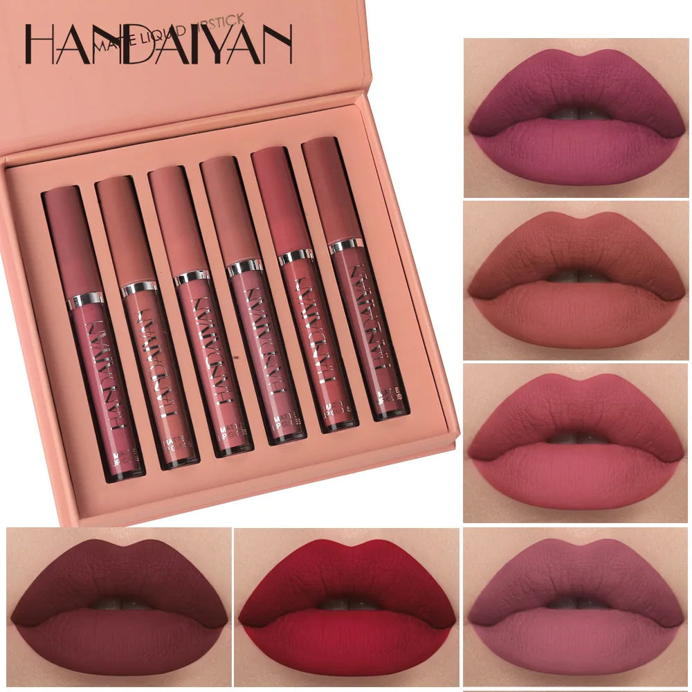 HANDAIYAN 6Pcs Liquid Velvet Matte Lip Gloss Red Lipstick Nude Makeup Women Long Lasting Waterproof Beauty Cosmetics Veloria
