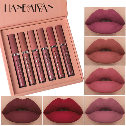 HANDAIYAN 6Pcs Liquid Velvet Matte Lip Gloss Red Lipstick Nude Makeup Women Long Lasting Waterproof Beauty Cosmetics Veloria