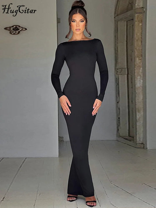 Hugcitar Spring Elegant Long Sleeve Backless Solid Cuched Sexy Bodycon Maxi Prom Dress Women Outfit Evening Party Festival Y2K Veloria