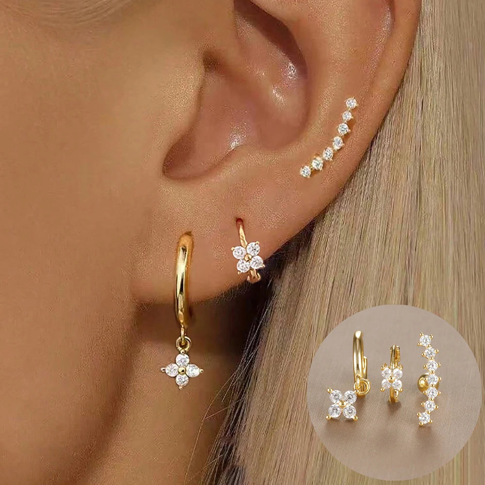 3PCS Stainless Steel Gold Color Crown Stud Earring Set For Women 14K Gold Plated Crystal Zircon Unique Horse Eye Earring Jewelry Veloria
