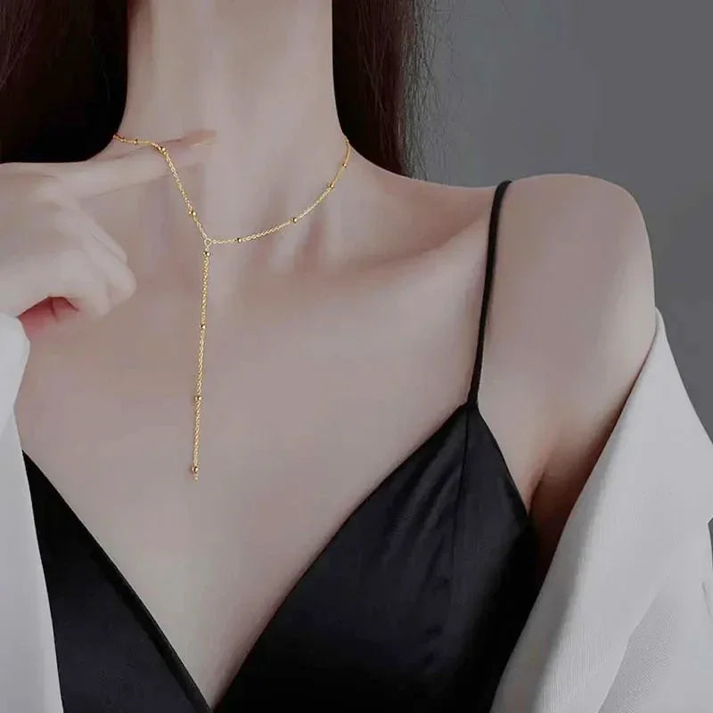LATS Gold Color Double Layered Long Tassel Chain Necklaces for Women Simple Metal Geometric Bead Choker Necklace Fashion Jewelry Veloria