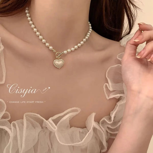 Elegant Pearl Necklace For Women Heart Pendant Necklaces Luxury Imitation Pearls Chain Necklaces Korean Jewelry Girls Gifts Veloria