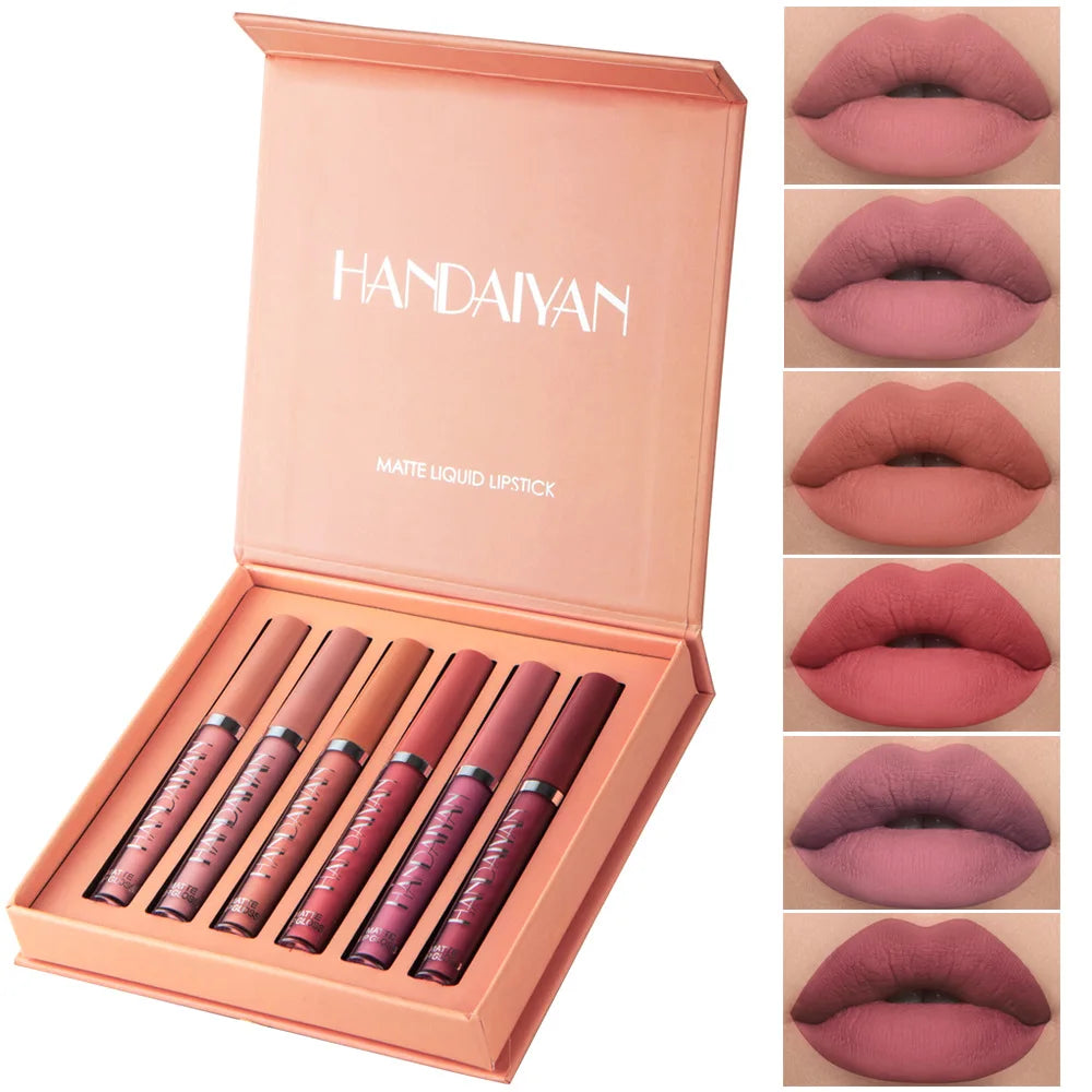 HANDAIYAN 6Pcs Liquid Velvet Matte Lip Gloss Red Lipstick Nude Makeup Women Long Lasting Waterproof Beauty Cosmetics Veloria