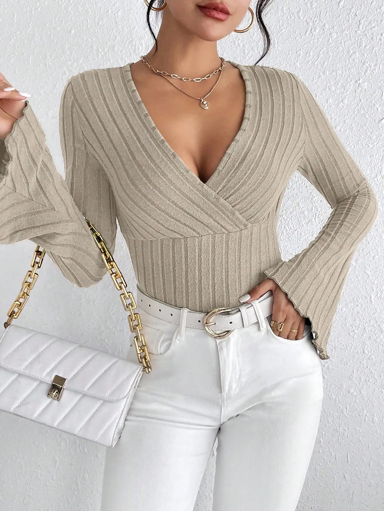 Women's Fall and Winter Long-sleeved Tops, V-neck Sexy Slim Striped Women's Tops, Long-sleeved T-shirt Knitted Bottoming Shirt Veloria