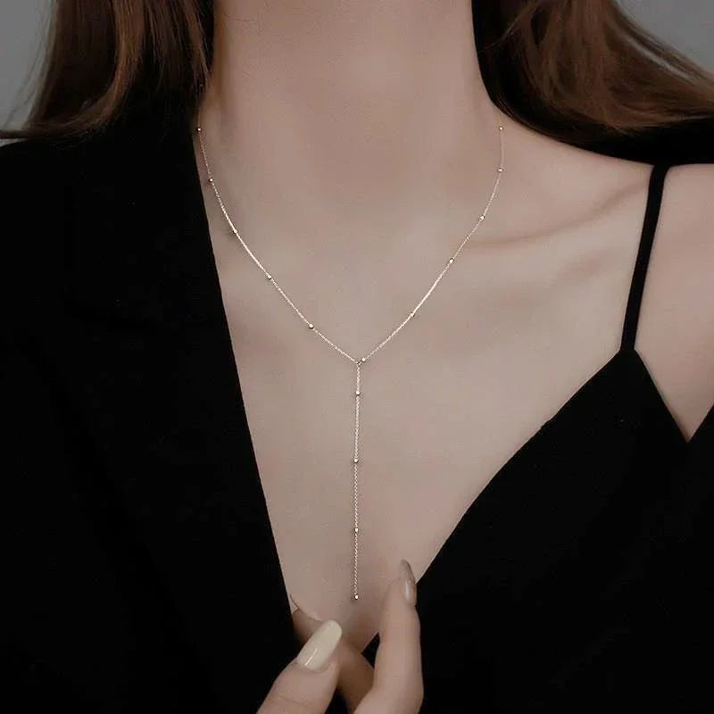 LATS Gold Color Double Layered Long Tassel Chain Necklaces for Women Simple Metal Geometric Bead Choker Necklace Fashion Jewelry Veloria