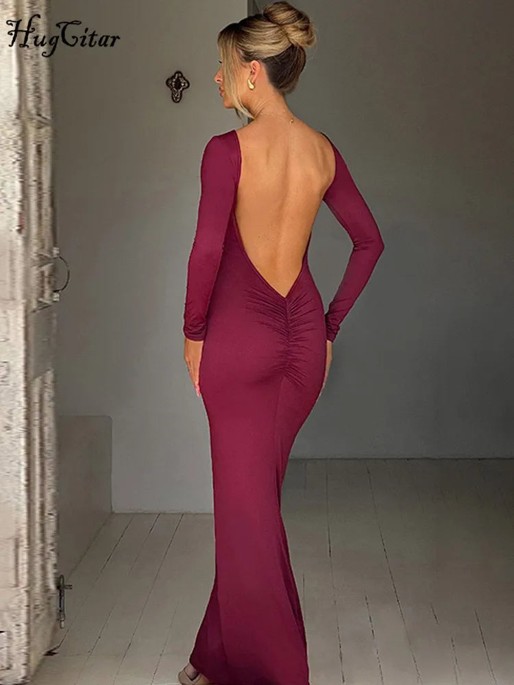 Hugcitar Spring Elegant Long Sleeve Backless Solid Cuched Sexy Bodycon Maxi Prom Dress Women Outfit Evening Party Festival Y2K Veloria