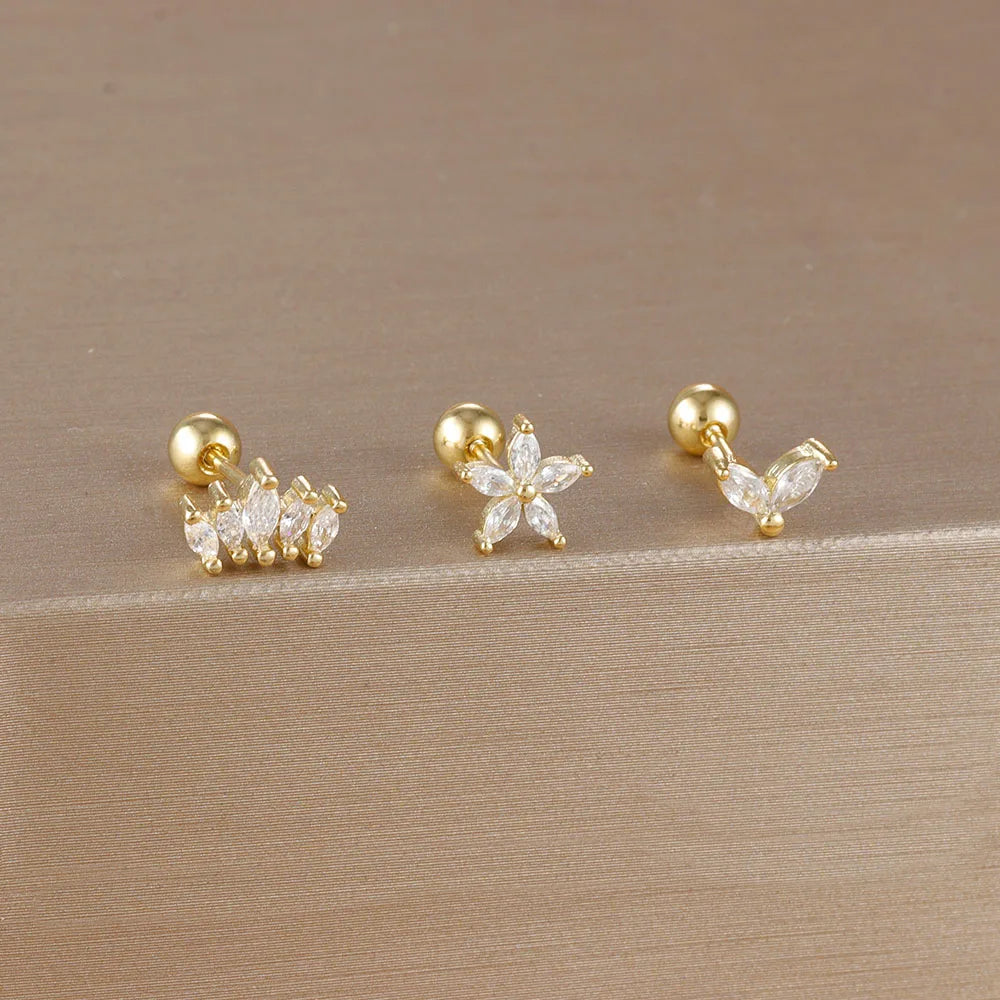 3PCS Stainless Steel Gold Color Crown Stud Earring Set For Women 14K Gold Plated Crystal Zircon Unique Horse Eye Earring Jewelry Veloria