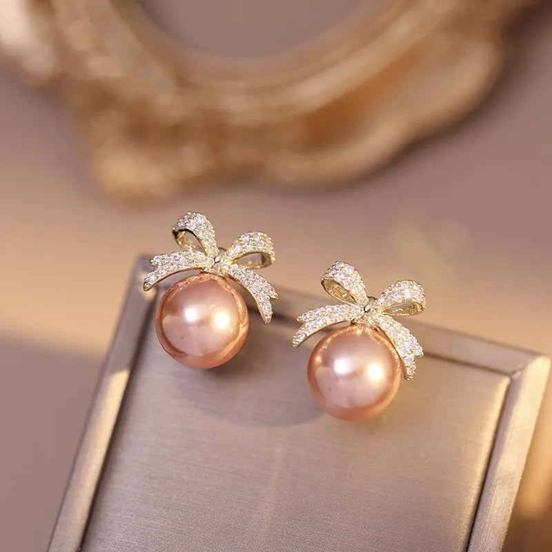 Sparkling Rhinestone Bow Pearl Stud Earrings Light Luxury Fashion Jewelry Women Gifts Wedding Birthday Veloria