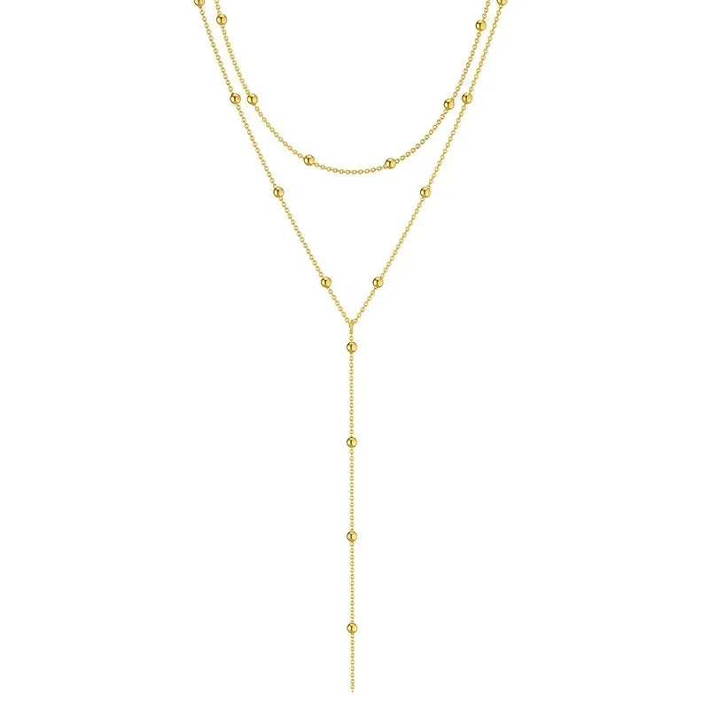 LATS Gold Color Double Layered Long Tassel Chain Necklaces for Women Simple Metal Geometric Bead Choker Necklace Fashion Jewelry Veloria