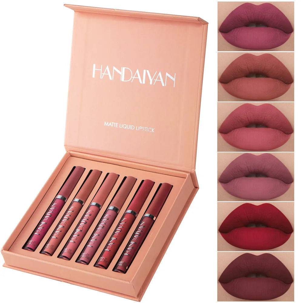 HANDAIYAN 6Pcs Liquid Velvet Matte Lip Gloss Red Lipstick Nude Makeup Women Long Lasting Waterproof Beauty Cosmetics Veloria