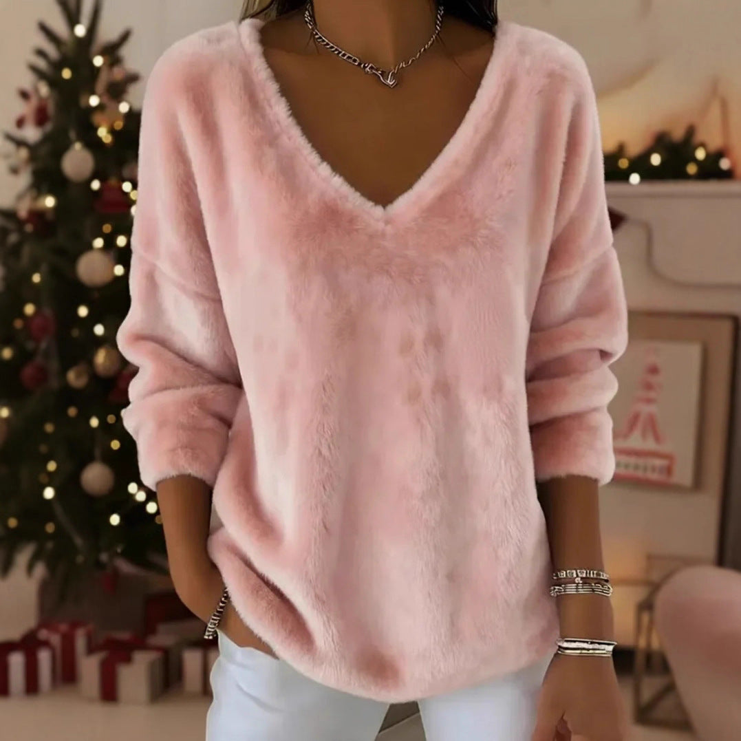New Womens Plush Pullover With A Drop-shoulder V-neck And Long Sleeves