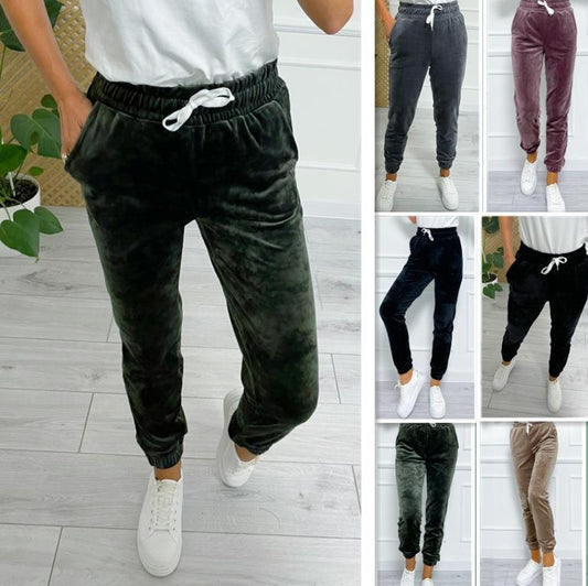 Versatile Women's Jogger Pants With Elastic Waistband And Drawstring, Korean-style Velvet Casual Pants, Sportswear Veloria