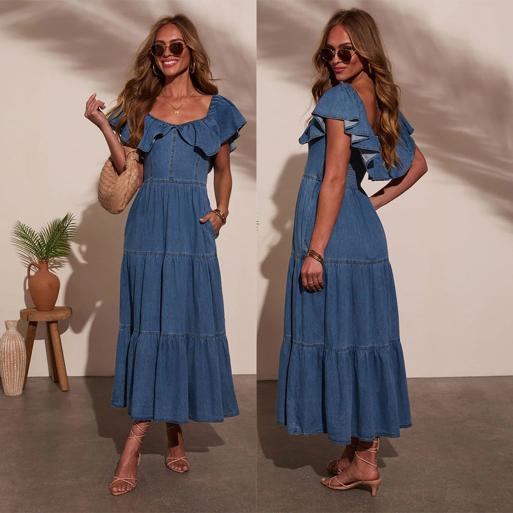 Womens Fashionable Loose Denim Dress With Round Neck Ruffled Hem, And Flared Skirt
