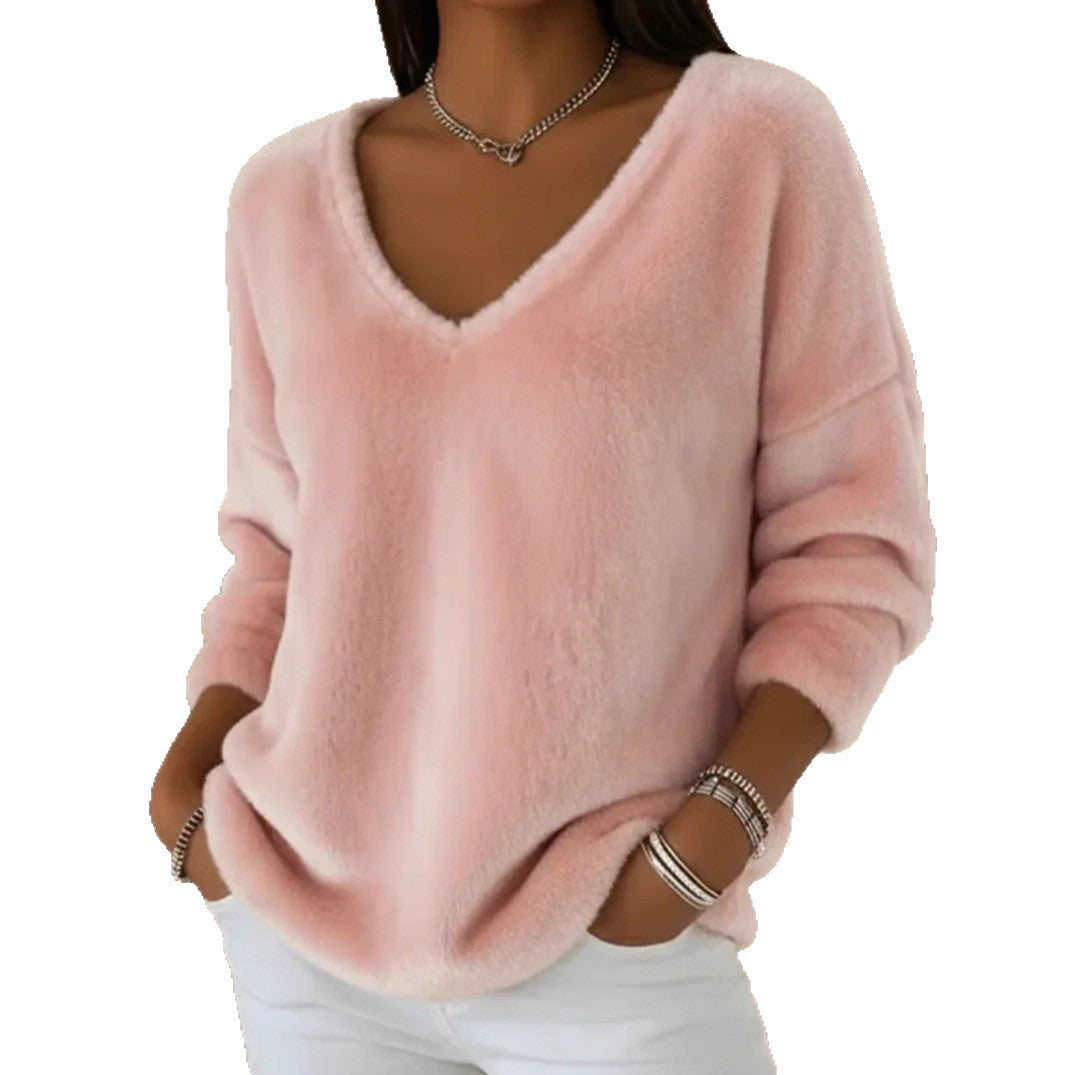 New Womens Plush Pullover With A Drop-shoulder V-neck And Long Sleeves